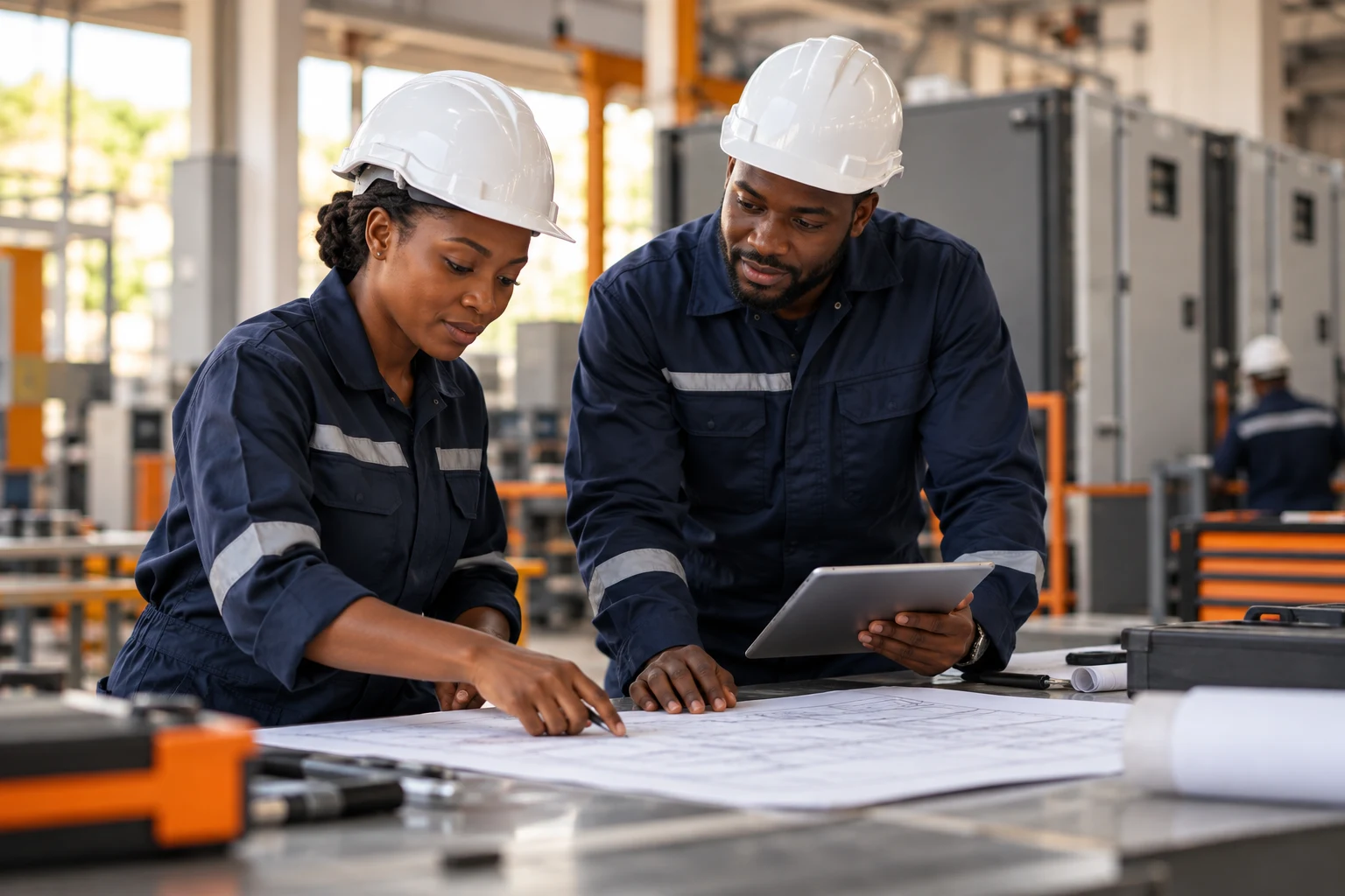 Illustration of engineering professionals reviewing a project plan in a workshop